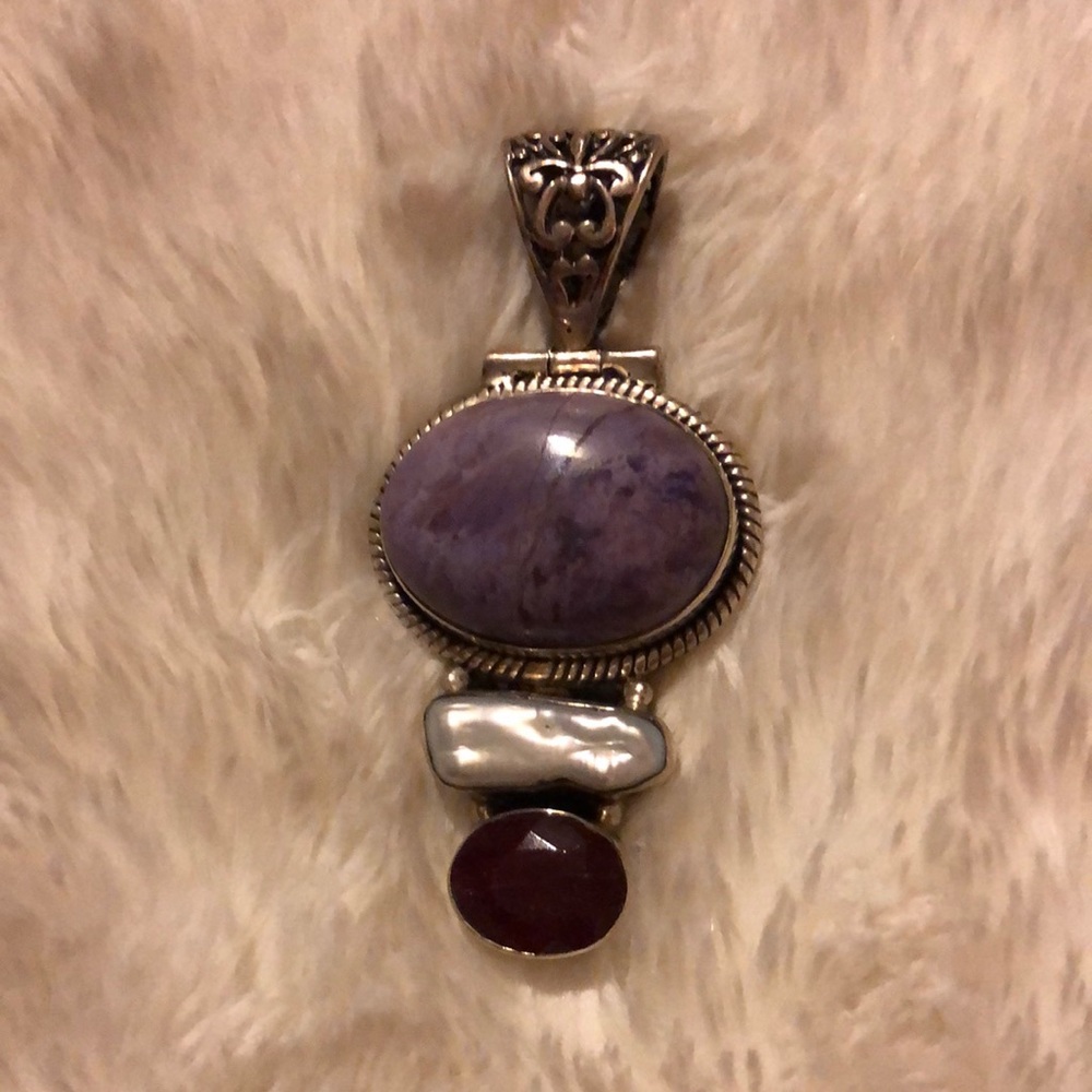 Sterling silver pearl and ruby pendant
